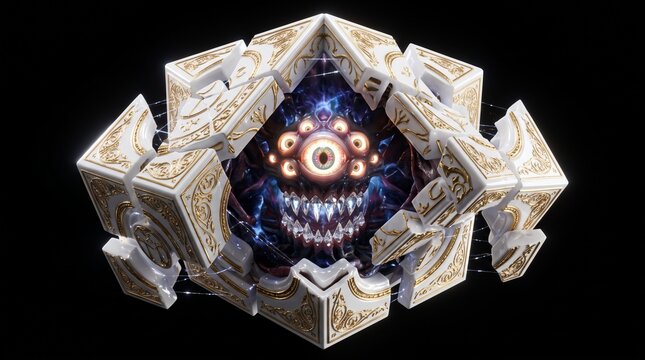 Abstract floating hypercube monster with gold filigree and glowing eyes in darkness