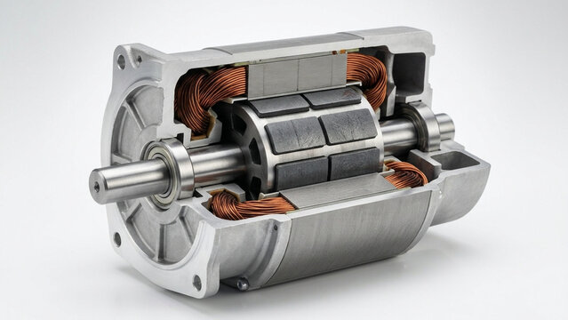 Electric Motor Cross Section Cutaway showing internal rotor, copper stator windings, and shaft on white background