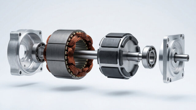 Electric motor exploded view components showing stator rotor copper winding shaft and bearings isolated on white background