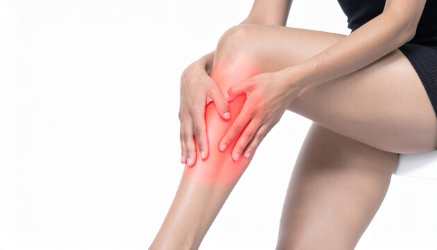 Woman Suffering From Severe Leg Muscle Pain or Shin Splints Holding Her Sore Calf With Red Highlighted Area Indicating Physical Injury