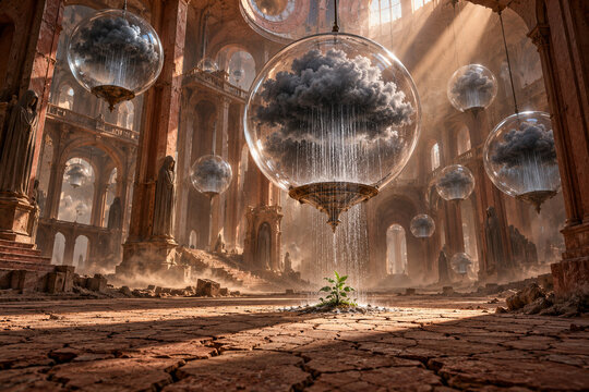An abandoned museum preserves rainstorms inside suspended glass spheres above a cracked floor. One green plant reframes water scarcity as a story of care and survival. A poetic and atmospheric vision.