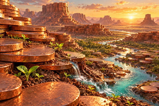 Copper disks form desert mesas while a turquoise stream turns their edges into fertile soil. The landscape explores financial priorities, lasting value and investing in life. Rich detail. Rich detail.