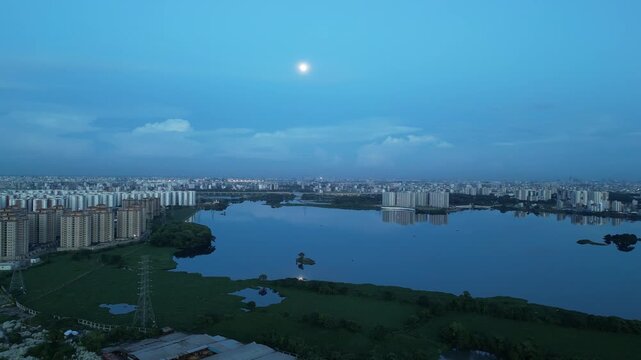 Aerial drone view of Diabari Dhaka in dramatic evening, urban landscape 4K