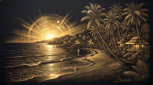金墨の夕日とヤシの海岸を描いた南国の横型背景