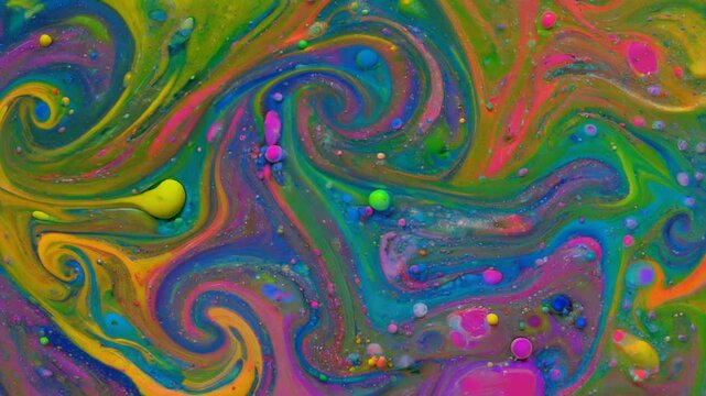 Vibrant, swirling patterns of multicolored liquids create an abstract, organic, and fluid composition with numerous small, iridescent spheres dispersed throughout the mesmerizing, energetic