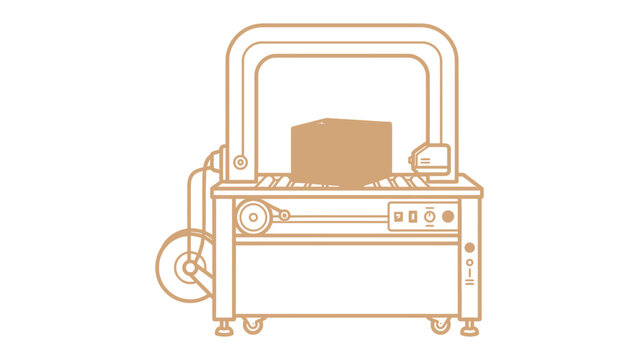 Box Strapping Machine: A simplified line drawing of a box strapping machine, used for securing packages with straps, ready to package a carton.