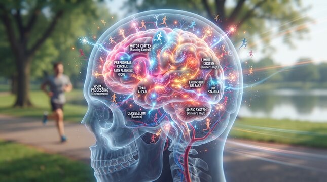 Human head transparent cross-section showing brain regions involved in running, path planning, and runner's high