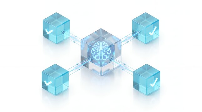 Artificial intelligence brain in central cube connected to four verified data blocks, representing ai and blockchain technology, isolated on white background