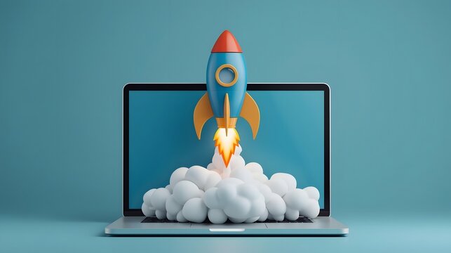3D render of a toy rocket launching with smoke from a laptop keyboard