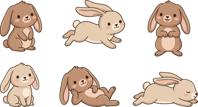 Cute cartoon rabbit vector set with fluffy little bunnies running sleeping sitting and relaxing in various poses