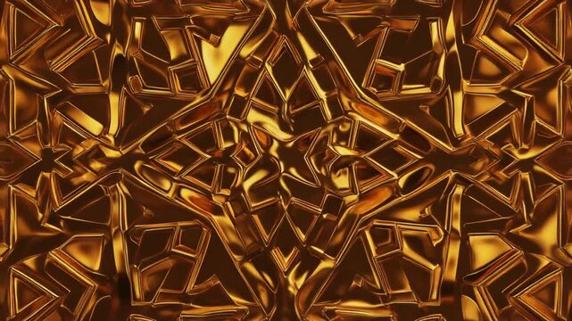 This luxurious, shimmering golden surface displays an intricate, faceted geometric pattern with flowing, organic curves reflecting opulent light, evoking richness and grand decoration
