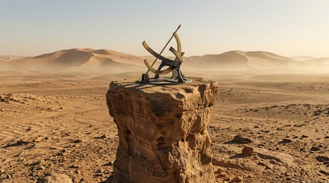 Brass armillary sphere sits on a rustic stone pedestal surrounded by vast sand dunes in a sunny desert landscape.