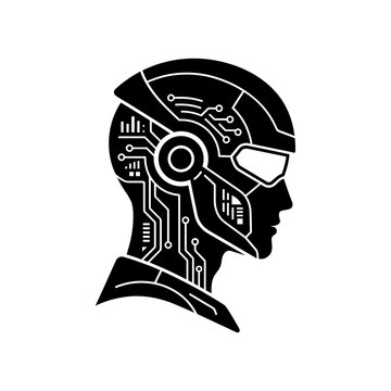 Cyborg head profile silhouette with circuit patterns, futuristic AI robot concept