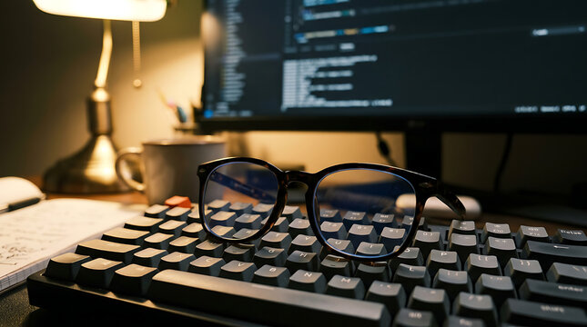 Pair of glasses resting on a mechanical keyboard with a computer screen in the background
