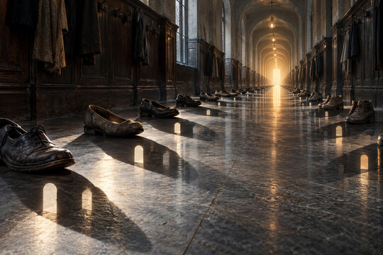 Empty shoes line a deserted corridor, casting shadows shaped like doorways. The unsettling scene considers absence, unseen journeys and the traces ordinary lives leave behind. Soft light. Fine detail.