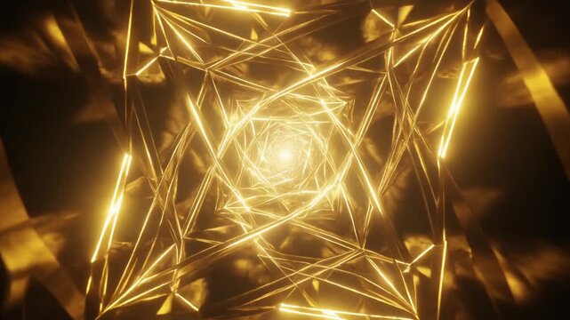 A luminous, golden geometric tunnel with intricate, interlocking light pathways creates a captivating and ethereal journey into infinite luminescence, evoking a sense of cosmic wonder
