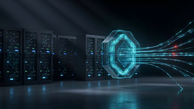 Secure Data Center with Hexagonal Glass Gateway and Fiber Optic Data Transfer Network