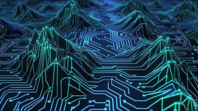 Intricate network of glowing blue and green circuit board lines forming undulating digital landscape, suggesting complex data flow and futuristic technology concepts in a vibrant, high-tech