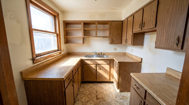 Fixer upper house interior featuring outdated kitchen cabinets, worn wooden countertops, and remodeling project