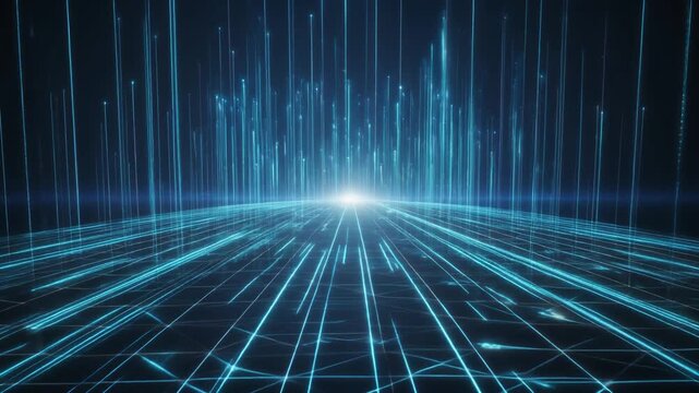 Digital network streams ascend toward a luminous nexus point, forming a futuristic data flow visualization that conveys information superhighway concepts and exponential technological
