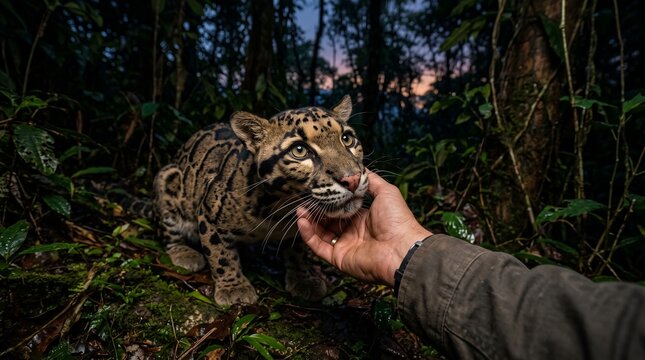 man bravely interact with clouded leopard 
