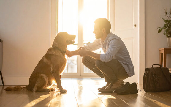 Persona comparte momento cotidiano con su perro despu&eacute;s de regresar a casa mientras la luz dorada del atardecer ilumina el interior. Mascotas, bienestar y v&iacute;nculo entre perro y personas.
