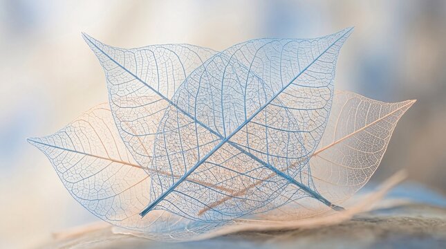 Translucent skeleton leaves in soft blue and pale peach overlap, extreme macro revealing the fine veins in an ethereal, fragile mood.