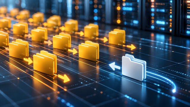 Data management and file transfer concept with rows of glowing yellow folders moving forward and one white folder moving backward in server room