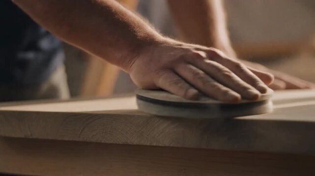 Artisan woodworker hand-sanding wooden furniture in a workshop