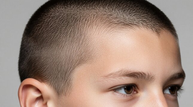 Close up of teenage boy with short buzz cut hair. Young male shows healthy scalp, clean skin. Detail of hair texture on head with neutral gray background. Profile view of youth with calm face,