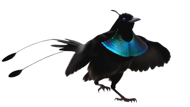 This is a video of a black bird of paradise dancing in a white isolated studio. 
