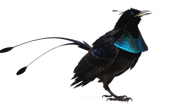 This is a video of a black bird of paradise dancing in a white isolated studio. 
