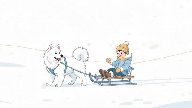 Charming vector illustration of a happy child enjoying a joyful sled ride pulled by a friendly white dog in winter snow landscape