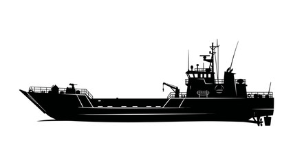 Fototapeta premium Silhouette of a Landing Craft: A striking black silhouette of a versatile landing craft, showcasing its robust design and amphibious capabilities, poised for maritime operations.