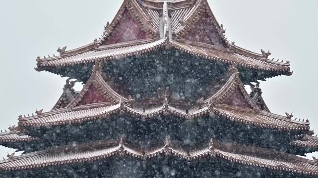 Traditional Chinese imperial palace roof with layered eaves and ornate ridge decorations during heavy snowfall