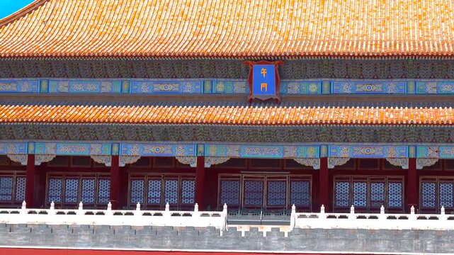 Forbidden City Meridian Gate with ornate yellow-glazed tile roof, blue decorative frieze, and red lacquered wooden structure under clear blue sky