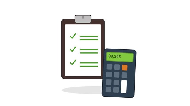Clipboard checklist with green checkmarks and calculator showing calculations on white background