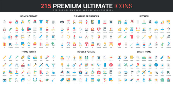 House systems for comfort, smart home color flat icons set vector illustration. Abstract symbols of modern furniture and kitchen appliances, repair equipment simple design for mobile and web apps