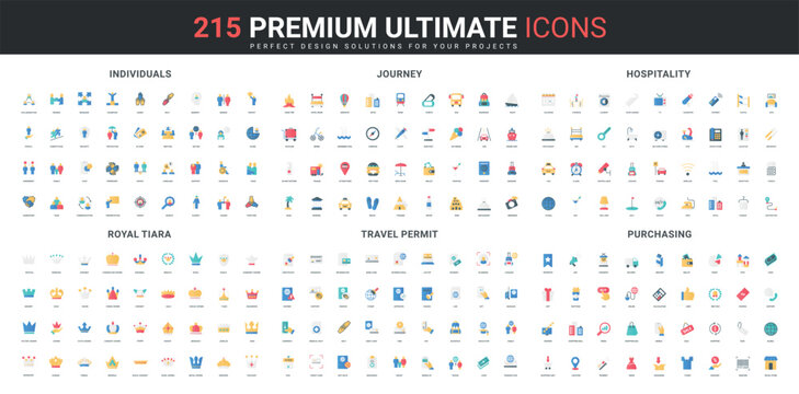 Person and relationships in community, royal crown, travel visa, hotel hospitality color icon set. Commerce, individual and society, journey, immigration to foreign country flat vector illustration