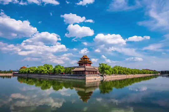Forbidden City corner tower reflected in moat under blue sky with scattered clouds, Beijing historic palace complex