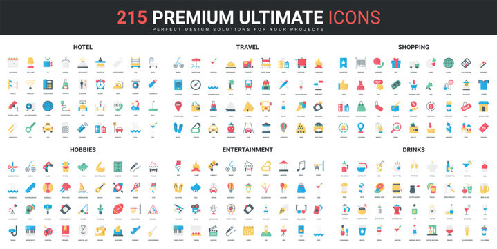 Travel, entertainment event and shopping, bar drinks color flat icons set vector illustration. Abstract symbols of retail shop and hotel hospitality, hobby simple design for mobile and web apps