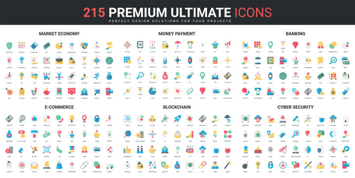 Blockchain, money payment and trade color flat icons set vector illustration. Abstract symbols of ecommerce order, banking account and wallet, online business simple design for mobile and web apps