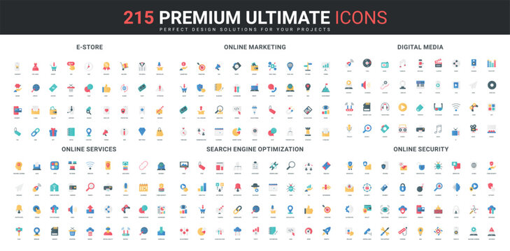 Online service and mobile app, e store sales, marketing, cyber security color icon set. Search engine optimization, copywriting, keywording and code development flat elements vector illustration