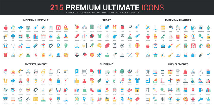 Modern city and lifestyle color flat icons set vector illustration. Abstract symbols of sport workout planner, urban elements and entertainment, shopping simple design for mobile and web apps