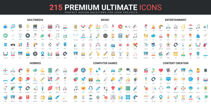 Multimedia content creation, music and entertainment color flat icons set vector illustration. Abstract symbols of hobby activity and computer games, sport simple design for mobile and web apps