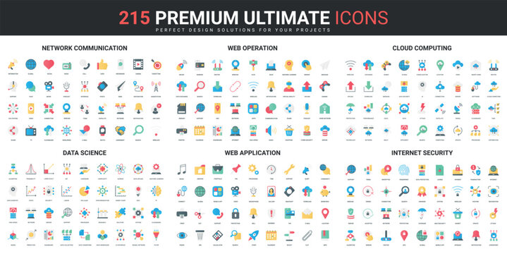 Web network communication, internet application security, science data color flat icons set vector illustration. Abstract symbols of cloud computing operations, simple design for mobile and web apps