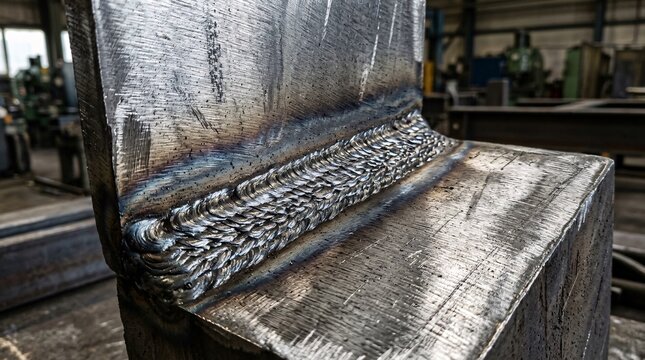 Flawless metal welding seam joins two thick steel blocks, extreme macro showing overlapping ripples against brushed steel textures.
