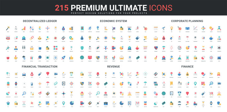 Blockchain, decentralized digital ledger, economy and finance, money transaction color icon set. Corporate planning, investment and revenue, network encryption flat elements vector illustration