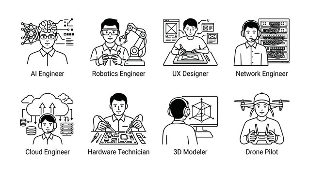 Diverse Tech Professions: A collection of line art illustrations depicting various technology professionals, including AI Engineer, Robotics Engineer, UX Designer, Network Engineer, Cloud Engineer.