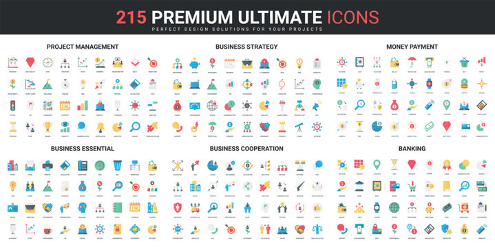 Business strategy and cooperation, corporate company project management color flat icons set vector illustration. Abstract symbols of banking, money payment simple design for mobile and web apps